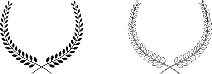 Laurel wreath icon set. Black circular laurel olive branches greek wreath. Vintage laurel wreaths. Winner award of olive leaves, stars of victory, achievement heraldry symbol. Vector illustration.