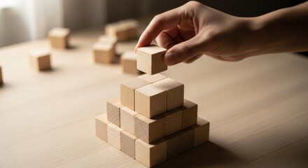 Hand placing a wooden cube on top of a pyramid made of wooden blocks