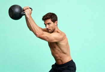 Strong handsome man at the peak of a kettlebell swing exercise in a fitness studio