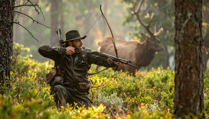 Naklejka premium Rugged equipment timber hunter stalking through elk using while dense backcountry archery traditional