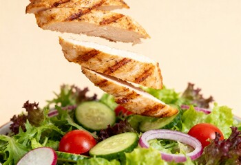 Close up of delicious barbecue chicken fillet being added to a fresh vegetable salad
