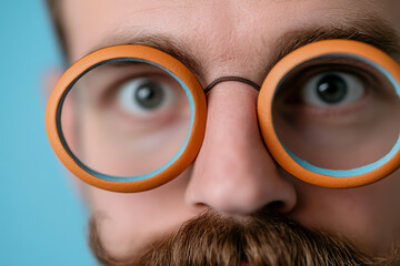 Close-up of a surprised person with a mustache, wearing round eyeglasses with an orange frame and light blue interior on a plain, light blue background.