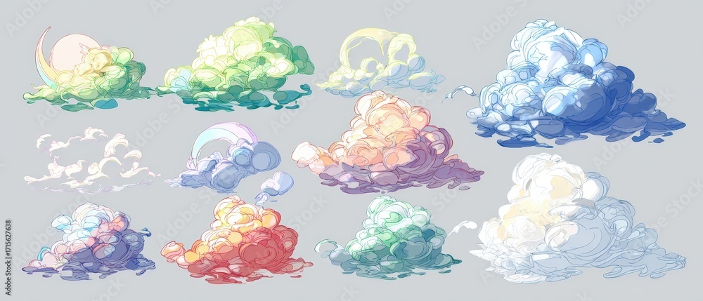 Poster an assortment of nine fluffy clouds each illuminated with a different vibrant color palette creating