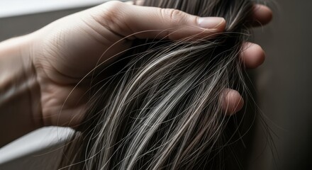 Close up of a hand holding gray hair with white highlights in a studio setting