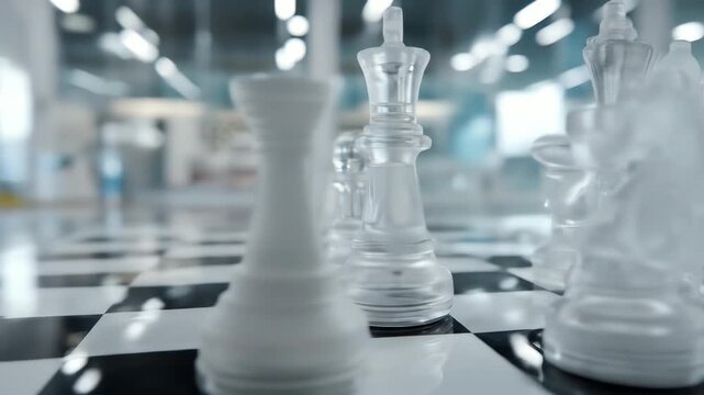 Glass Chess Pieces on Board with Focus Shift Modern Strategic Game