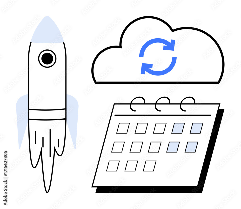 Poster rocket symbolizes innovation, cloud with sync arrows indicates data sharing, and calendar denotes sc