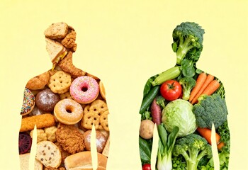 Comparison of a healthy body with vegetables and an unhealthy body silhouette with junk food