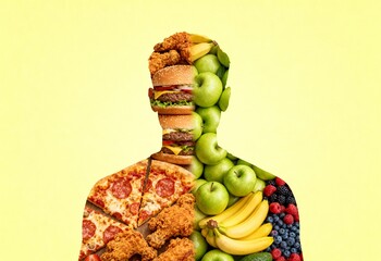 Concept of diet transformation with a man's silhouette half full of healthy and unhealthy food