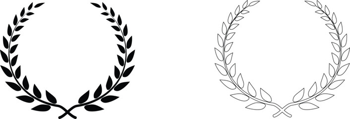 Laurel wreath icon set. Black circular laurel olive branches greek wreath. Vintage laurel wreaths. Winner award of olive leaves, stars of victory, achievement heraldry symbol. Vector illustration.