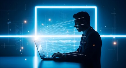 Silhouette of a man working on a laptop with glowing blue lines and digital particles representing technology and data.