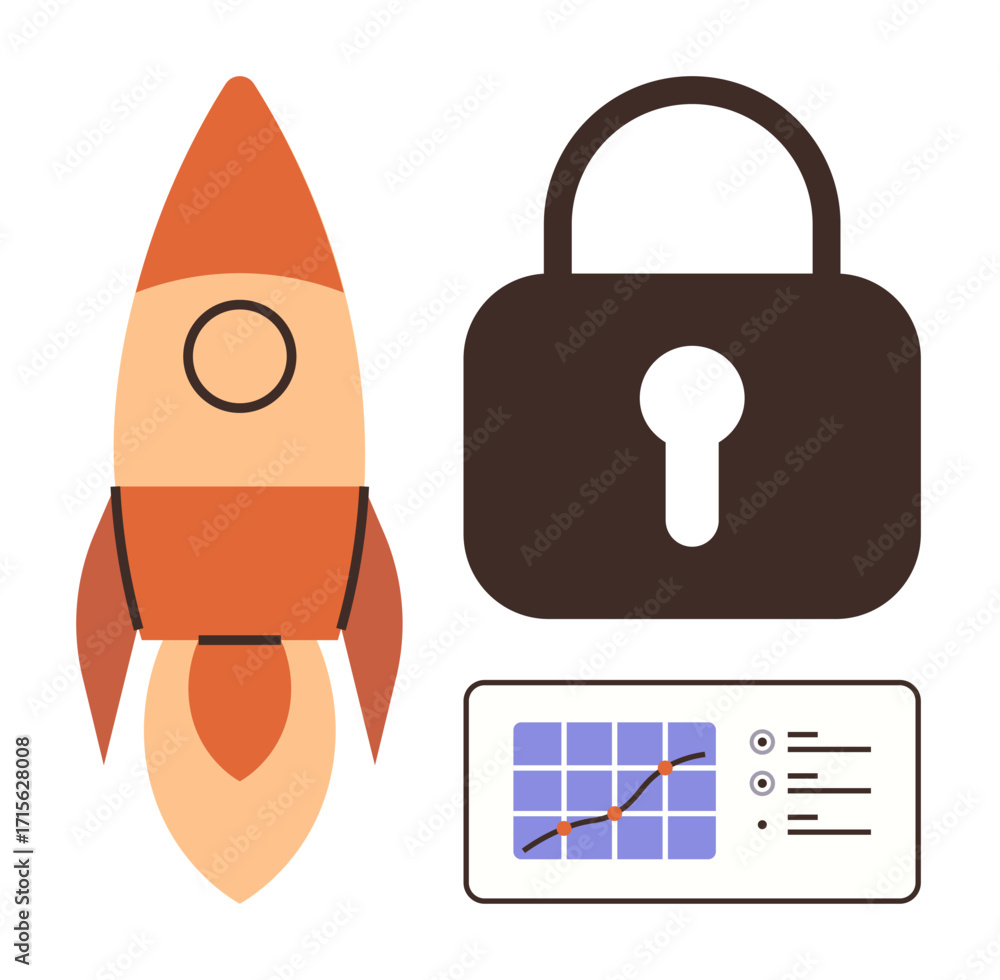 Poster rocket illustration symbolizing growth, lock for cybersecurity, and a data chart for analytics. idea