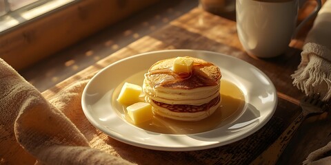 "Rustic breakfast setup with fluffy pancakes on white plate, warm sunlight streaming through window, syrup reflections sparkling, butter cube shining softly, cinematic composition, natural grain, food