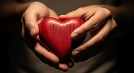 Hands holding a red wooden heart, concept of love, care, and donation