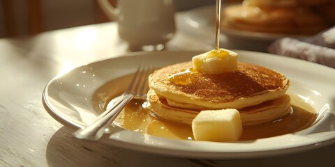"Rustic breakfast setup with fluffy pancakes on white plate, warm sunlight streaming through window, syrup reflections sparkling, butter cube shining softly, cinematic composition, natural grain, food