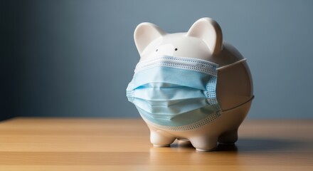 Piggy bank wearing a surgical mask to illustrate the financial impact of covid19