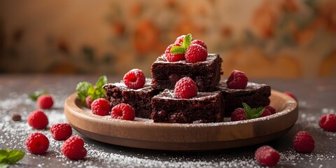 Chocolate cake with strawberries and cream on plate