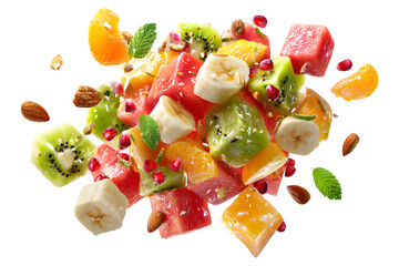 Fresh fruit salad with watermelon, kiwi, banana, and orange floating in mid-air, isolated on transparent background
