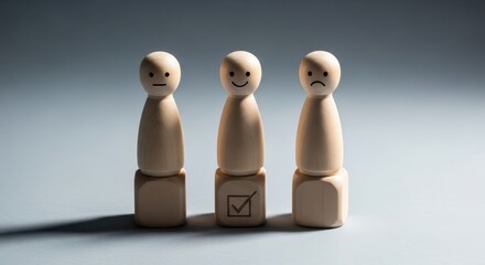 Wooden figures with different emotions, one with a check mark on a cube