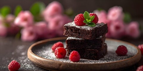 Chocolate cake with strawberries and cream on plate