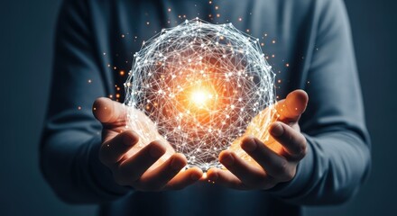 Man holding a glowing digital sphere representing global network and technology