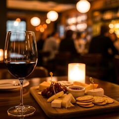 Wine, cheese, and appetizers at a dimly lit restaurant