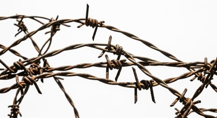 Rusty barbed wire fence isolated on white background representing security and danger