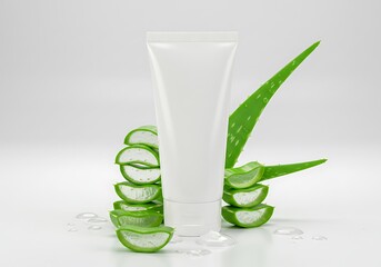 A blank, white cosmetic tube mockup surrounded by vibrant green aloe vera leaves on a beige background