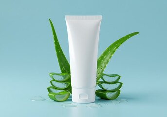 A blank, white cosmetic tube mockup surrounded by vibrant green aloe vera leaves on a beige background