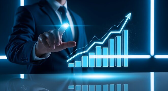 Businessman pointing at a glowing upward trending financial graph on a futuristic blue background.