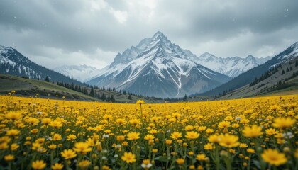Artistic wide-angle 8K render of a yellow flower meadow, snowfall with dramatic gray mountain backdrop, designed for desktop wallpaper