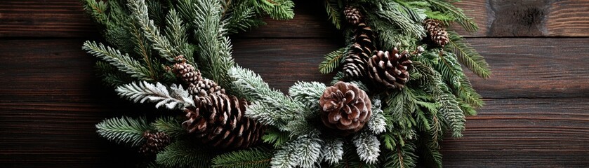 A rustic Christmas wreath made with evergreen branches and pinecones sits on a dark brown wooden background adding festive charm.