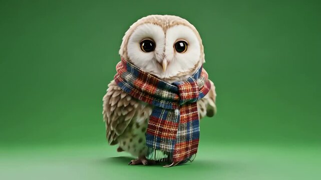 Cute barn owl chick wearing a plaid scarf against a green background
