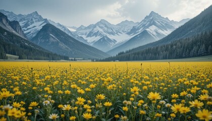 Hyper-realistic view of a yellow flower field in full bloom, soft snowfall, majestic gray mountains behind, 8K clarity desktop wallpaper