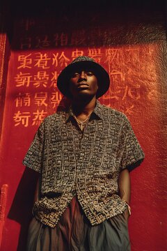 Man in Patterned Shirt and Hat Against Red Wall with Chinese Text