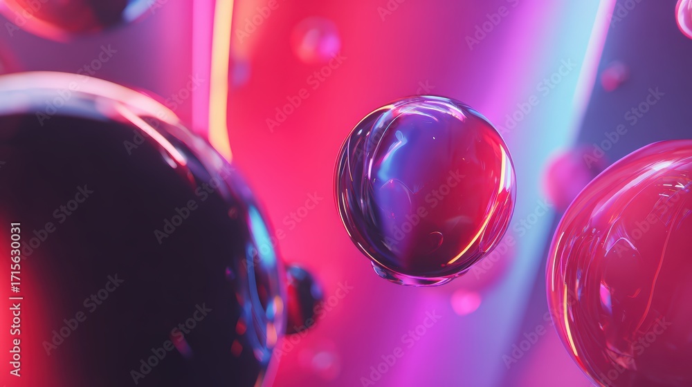 Poster abstract floating spheres shimmer with vibrant neon colors and smooth reflections creating an intrig