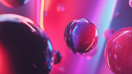 Abstract floating spheres shimmer with vibrant neon colors and smooth reflections creating an intriguing visual for backgrounds and designs.