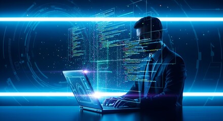 Cybersecurity expert working late on laptop.