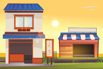 Illustration of a coffee shop with a view of rice fields