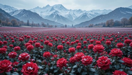 A vast field of blooming red roses under falling snow, gray-toned mountains in the background, ultra-detailed 8K resolution, perfect desktop wallpaper