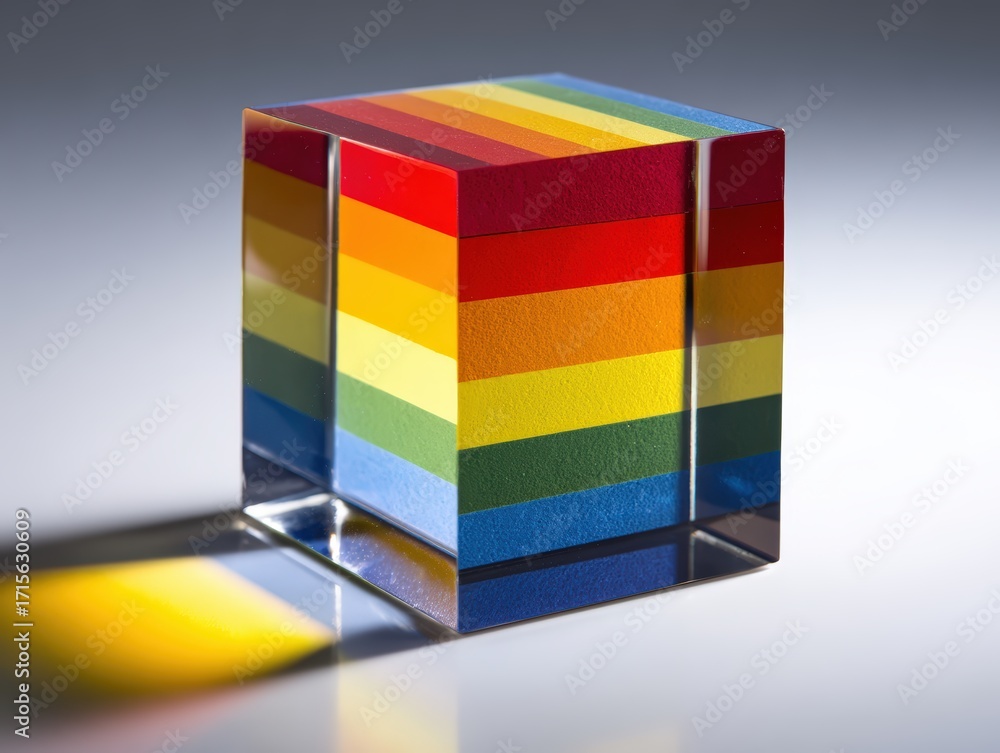 Poster a rainbow colored cube with horizontal stripes resting on a reflective surface casts a colorful shad