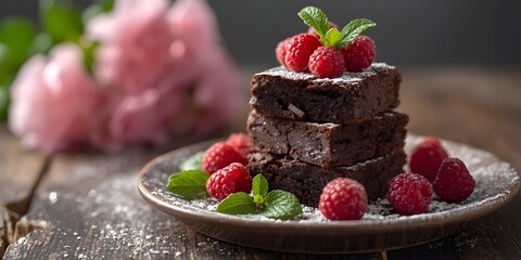 Chocolate cake with strawberries and cream on plate