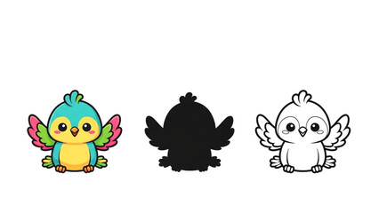 Cute Cartoon Phoenix bird in Full Color, Silhouette, and Outline Style