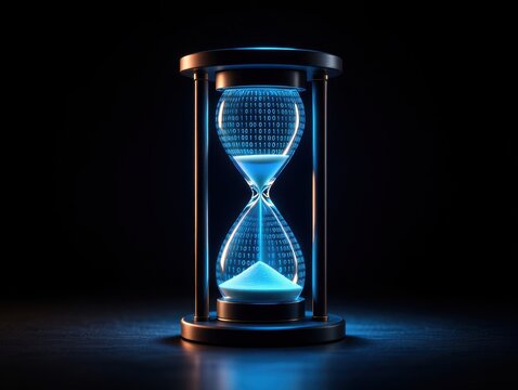 Futuristic Hourglass with Blue Glowing Binary Data