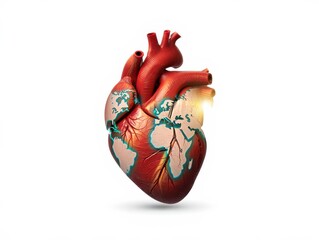 Human heart with world map and glowing connections on isolated background