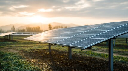 installation. Solar panels in a sunlit field, representing sustainable energy and environmental care. ESG reports, sustainability campaigns, designed for environmental awareness campaigns.