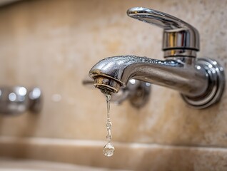 Modern Bathroom Faucet Close-Up with Water Dripping from Tap, Beige Background and Bokeh Effect AI Generated