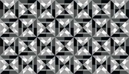 Seamless monochrome geometric pattern with layered square and triangular shapes in black, white, and gray, perfect for modern textiles, wallpapers, and minimalist backgrounds