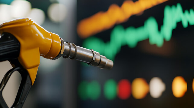 Fuel nozzle against a blurred chart, representing fluctuating fuel prices, stock market trends, and the energy sector's volatility.