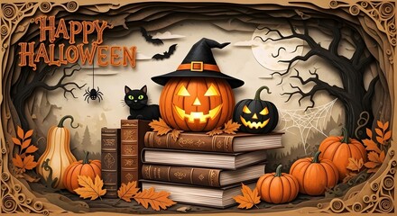 Halloween background with pumpkins, black cat and spell books, happy Halloween text paper craft