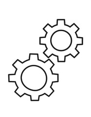 Two interconnected gears are depicted in a simple, outlined design.